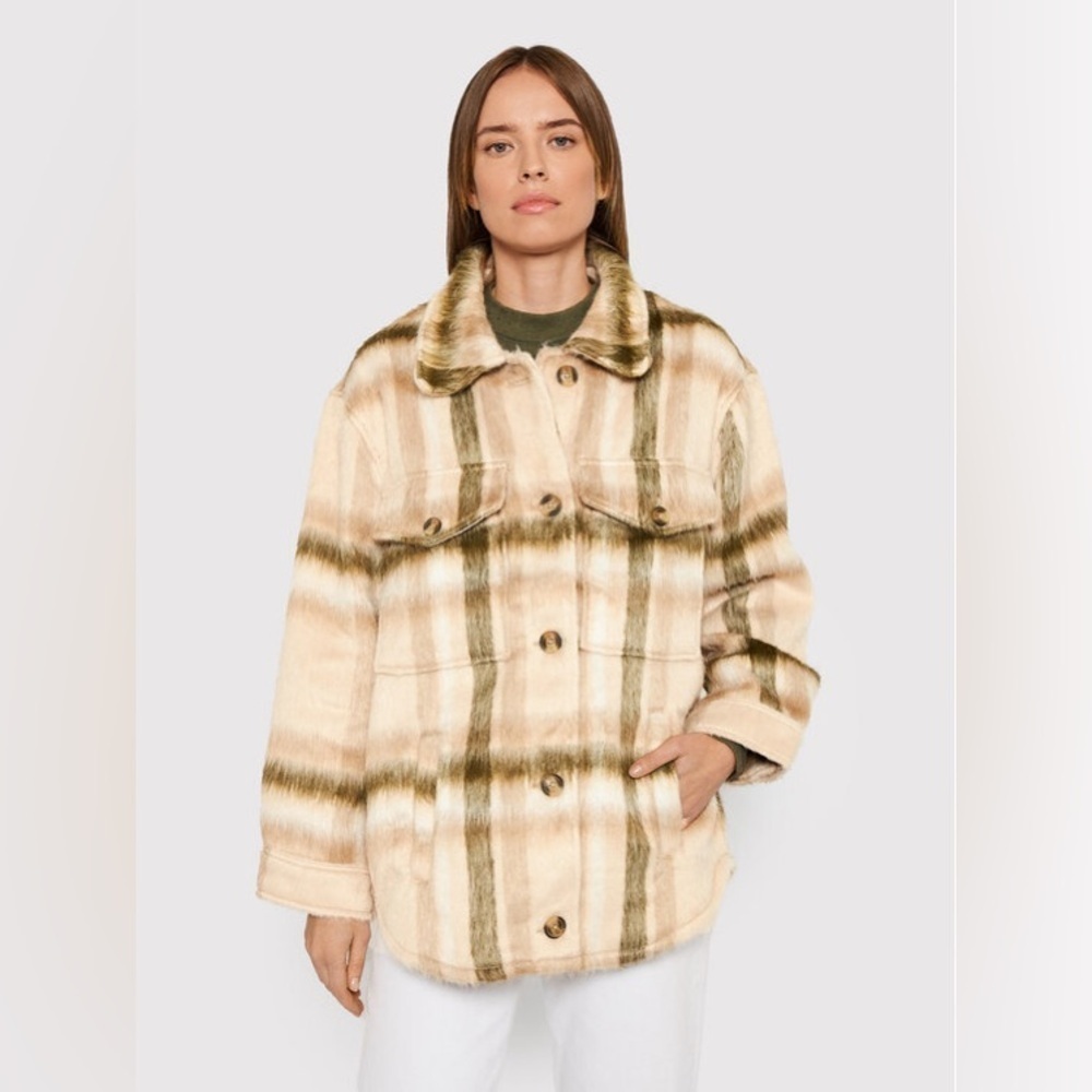 American Eagle Western Brushed Fur Plaid Oversized Shacket Jacket - Tan - Large
